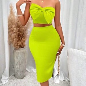 Neon Green Women's Bow Top & Pencil Skirt Set